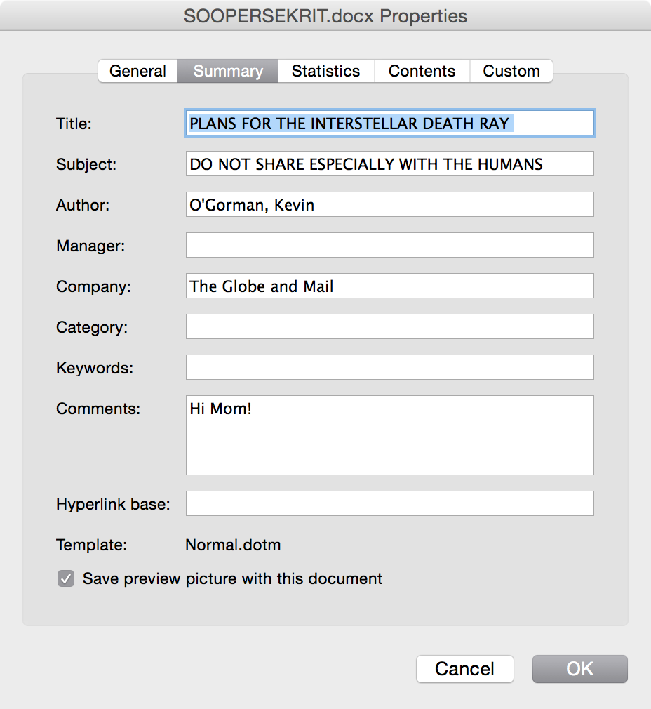 IMAGE:Microsoft Word dialog box showing document metatada